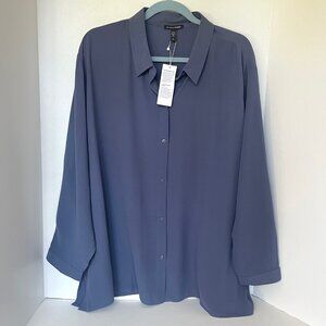 Eileen Fisher Silk Georgette Blue Shirt Long Sleeve Relaxed Lightweight
